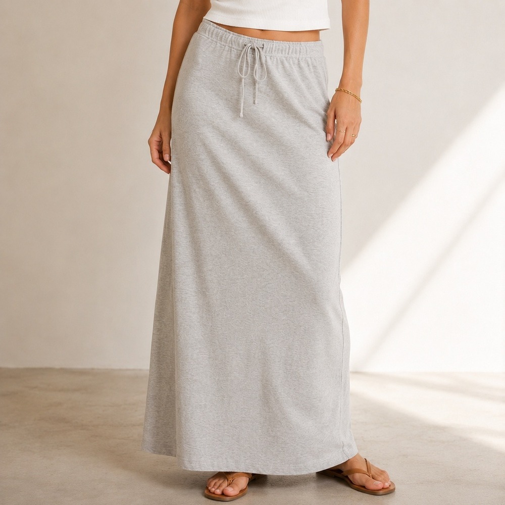Eileen Fisher Womens Oatmeal Cotton Pull On Drawstring Maxi Skirt XS Grey